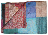 60" X 90" Blue Brown and Green Kantha Cotton Patchwork Throw Blanket with Embroidery - Homeroots - Flyclothing LLC