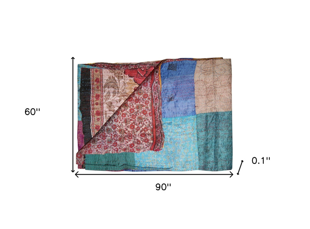 60" X 90" Blue Brown and Green Kantha Cotton Patchwork Throw Blanket with Embroidery - Homeroots - Flyclothing LLC