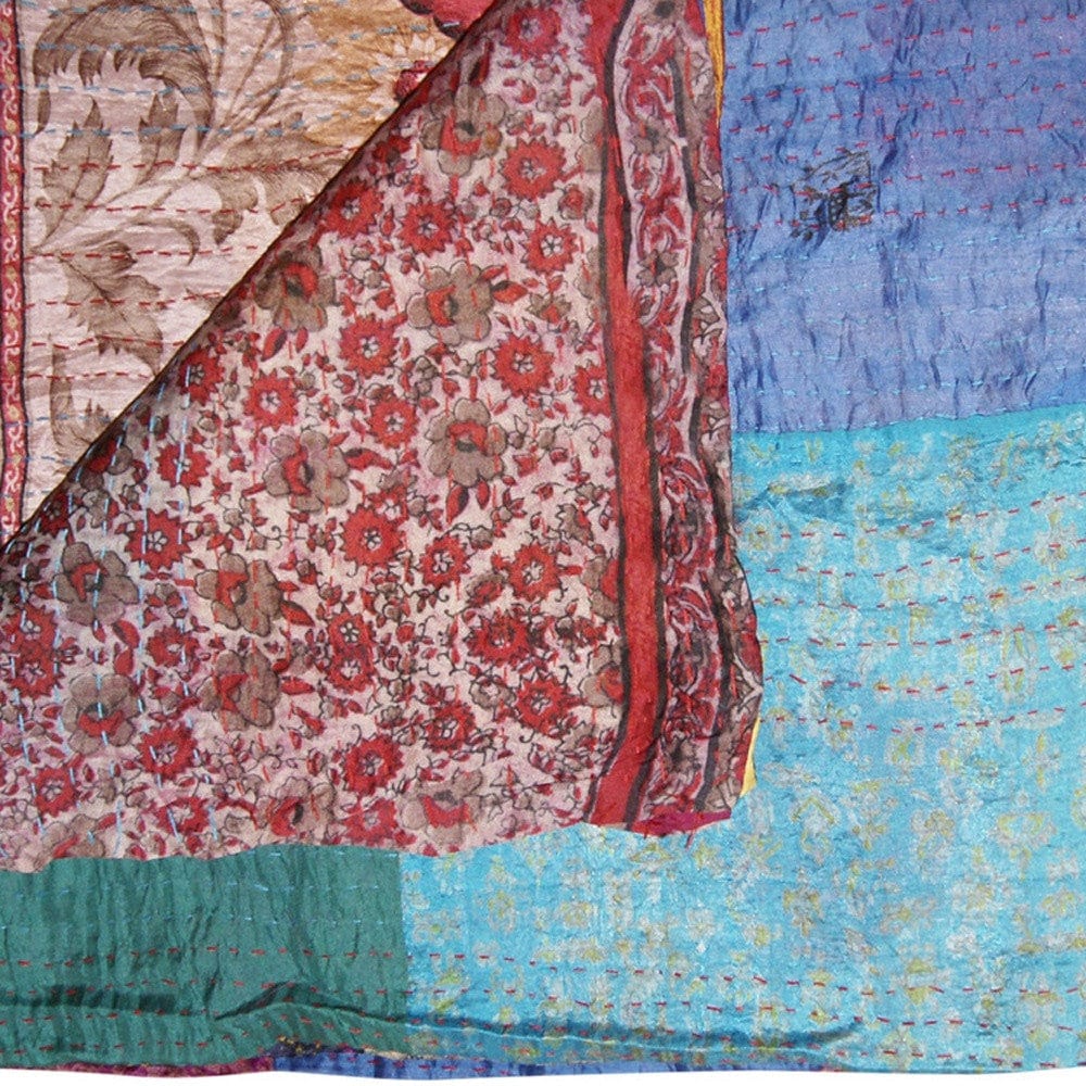 60" X 90" Blue Brown and Green Kantha Cotton Patchwork Throw Blanket with Embroidery - Homeroots - Flyclothing LLC