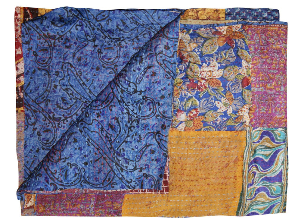60" X 90" Blue and Yellow Kantha Cotton Patchwork Throw Blanket with Embroidery - Homeroots - Flyclothing LLC