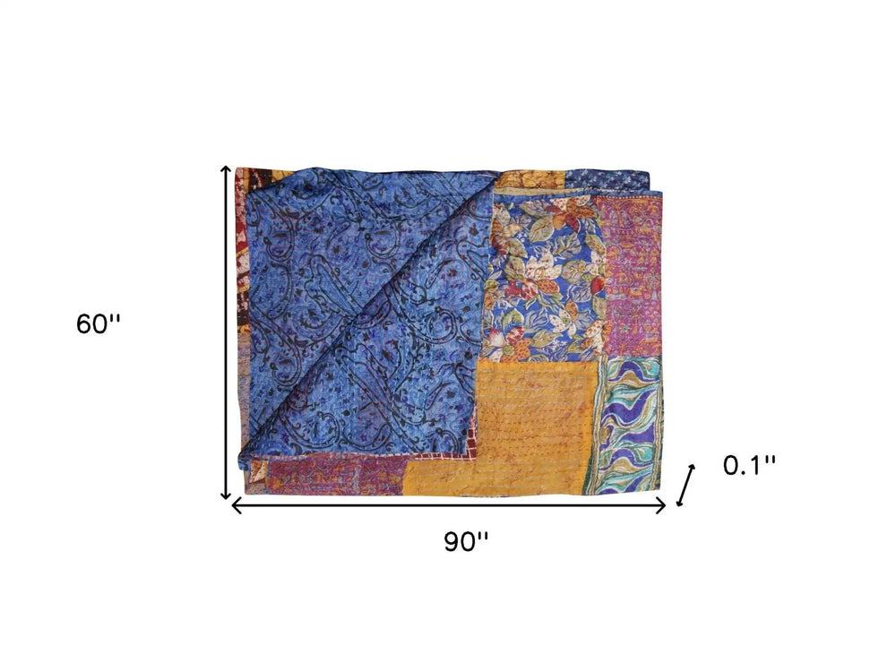 60" X 90" Blue and Yellow Kantha Cotton Patchwork Throw Blanket with Embroidery - Homeroots - Flyclothing LLC