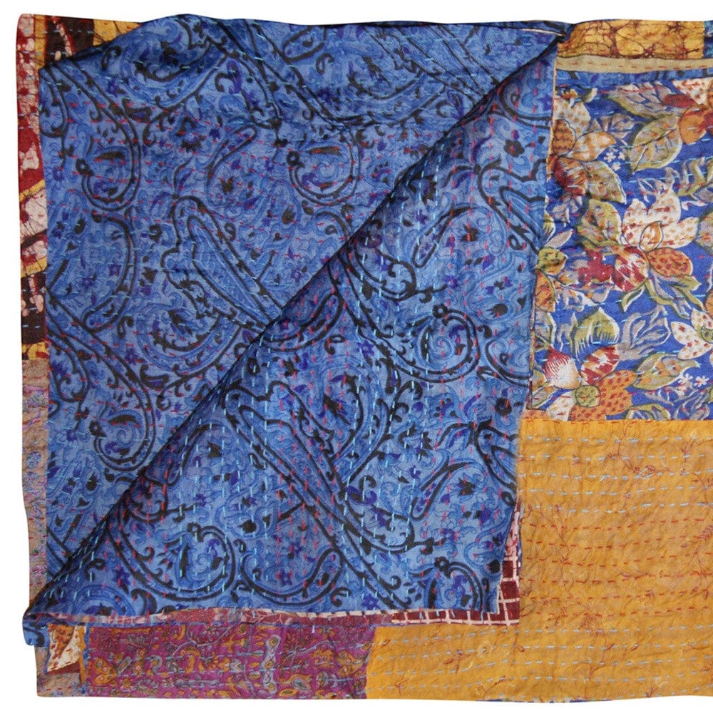 60" X 90" Blue and Yellow Kantha Cotton Patchwork Throw Blanket with Embroidery - Homeroots - Flyclothing LLC