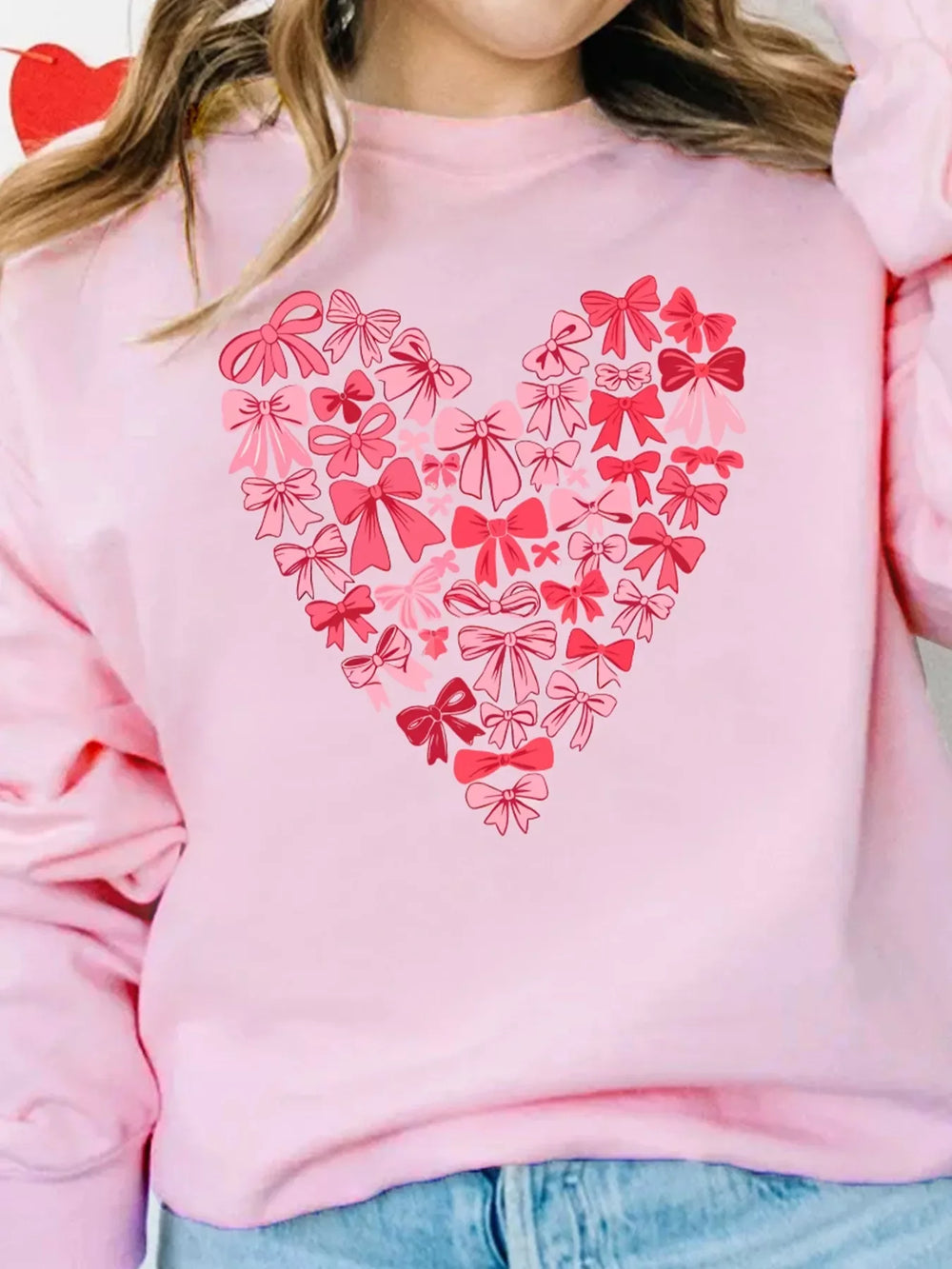 Bow Printed Big Heart Valentines Day Pullover Sweatshirt - Trendsi - Flyclothing LLC