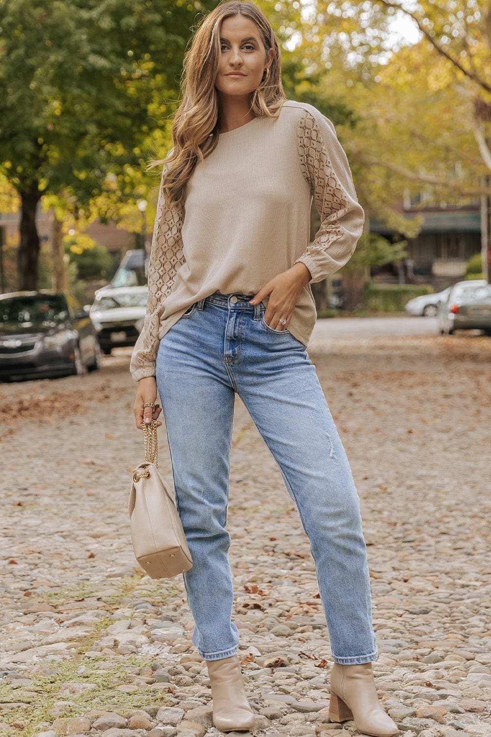 Waffle-Knit Round Neck Long Sleeve Blouse - Trendsi - Flyclothing LLC