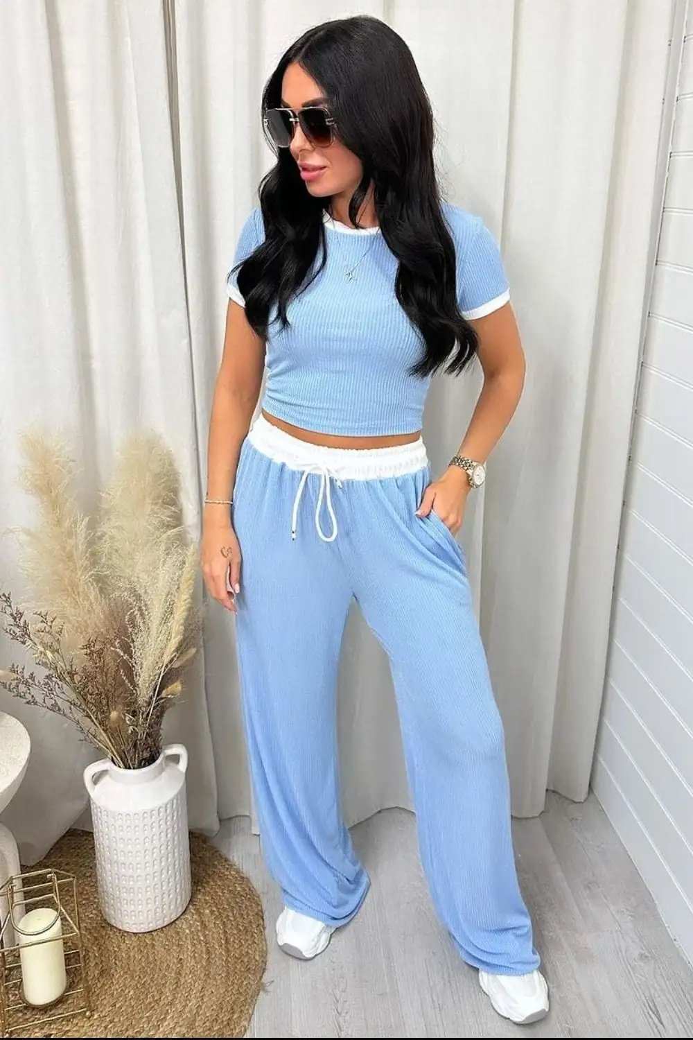 Contrast Trim Round Neck Top and Pants Set - Trendsi - Flyclothing LLC