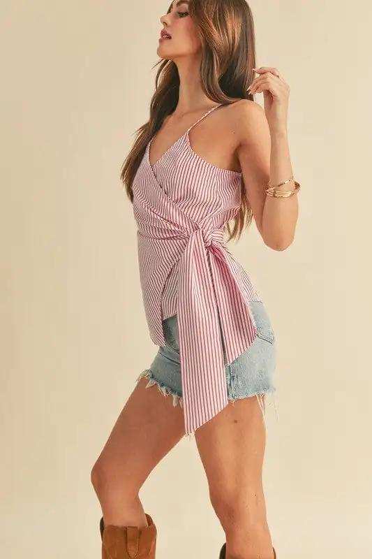 Aemi + Co Side Knotted Surplice Striped Cami - Trendsi - Flyclothing LLC