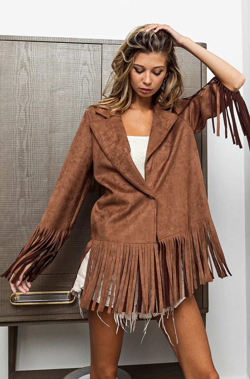 BiBi Single Blazer with Fringed Hem - Trendsi - Flyclothing LLC