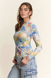 Davi & Dani Multi Printed Mesh Round Neck Long Sleeve Top - Trendsi - Flyclothing LLC