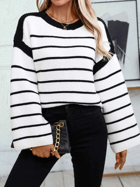 Striped Round Neck Long Sleeve Sweater - Trendsi - Flyclothing LLC