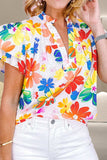 Ruffled Printed Notched Cap Sleeve Blouse - Trendsi - Flyclothing LLC