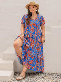 Plus Size Ruffled Printed V-Neck Short Sleeve Maxi Dress - Trendsi - Flyclothing LLC