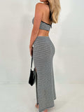 Perfee Striped Halter Neck Top and Slit Skirt Set - Trendsi - Flyclothing LLC