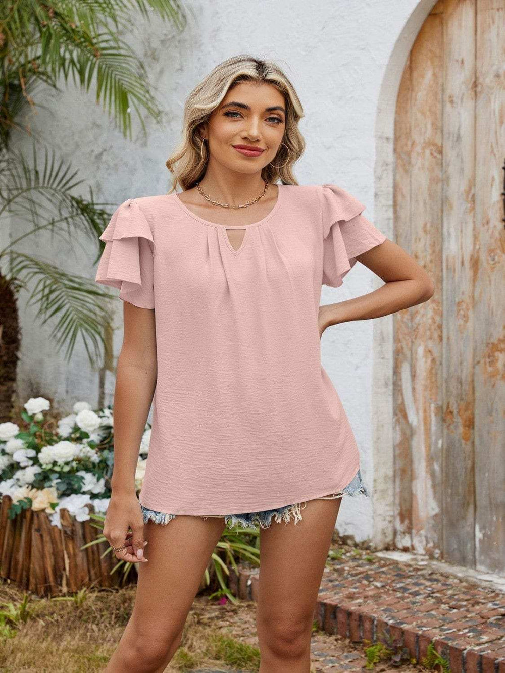 Cutout Round Neck Short Sleeve Blouse - Trendsi - Flyclothing LLC