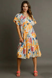 Umgee Full Size Abstract Print Flutter Sleeve Frill Tiered Midi Dress Plus Size - Trendsi - Flyclothing LLC