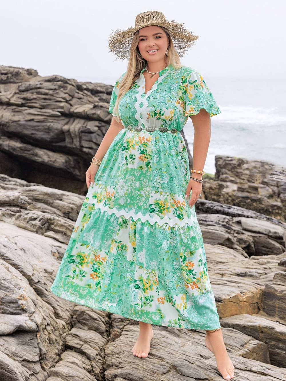Plus Size Printed Notched Short Sleeve Maxi Dress - Trendsi - Flyclothing LLC