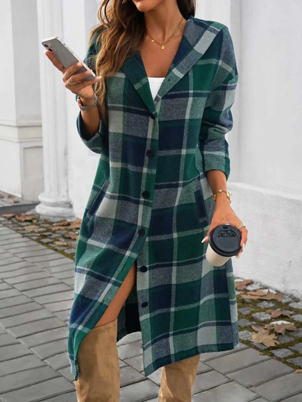 Plaid Long Sleeve Hooded Coat - Trendsi - Flyclothing LLC