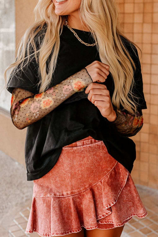 Faux Two Piece Floral Long Sleeve Patchwork Top - Trendsi - Flyclothing LLC