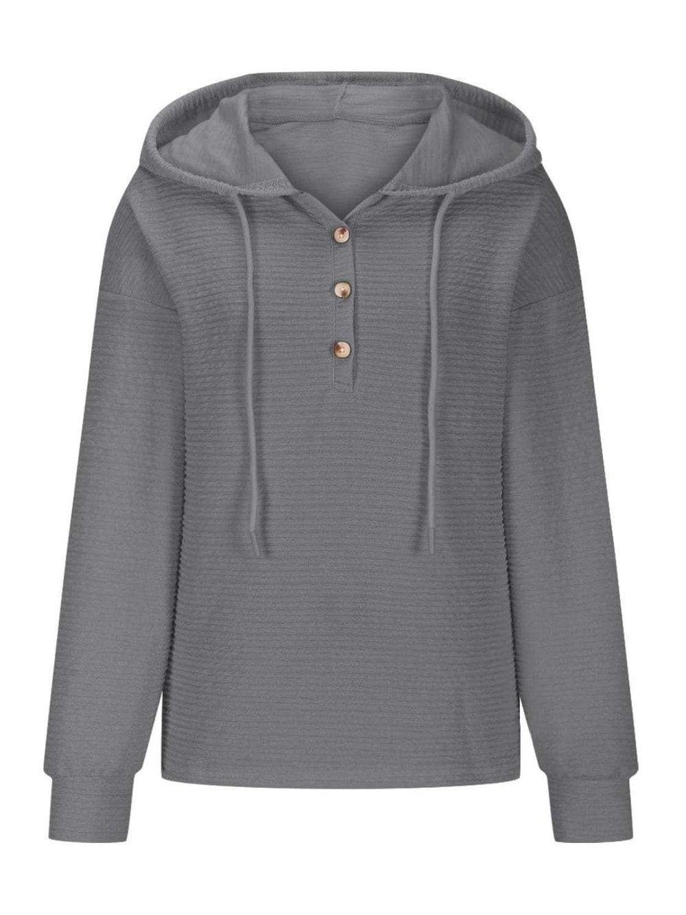 Drawstring Quarter Button Long Sleeve Hoodie - Trendsi - Flyclothing LLC