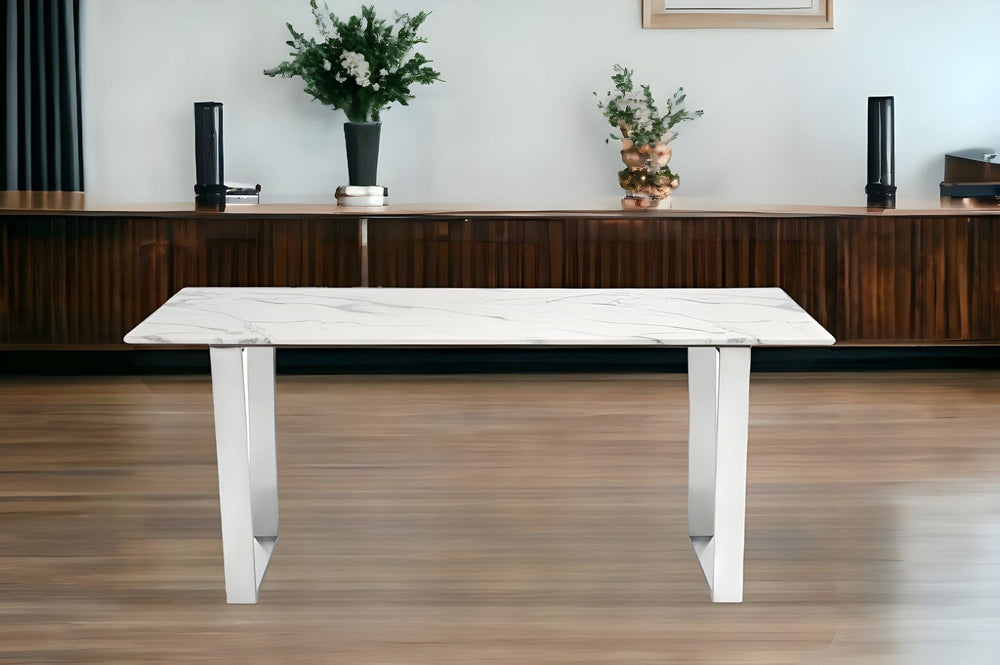 71" White And Silver Marble And Steel Sled Base Dining Table - Homeroots - Flyclothing LLC