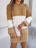 Cable-Knit Round Neck Color Block Sweater Dress - Trendsi - Flyclothing LLC