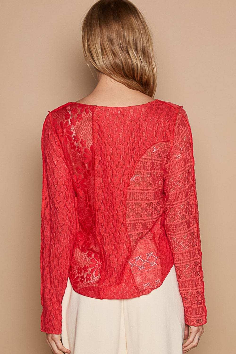 POL Exposed Seam Long Sleeve Lace Knit Top - Trendsi - Flyclothing LLC