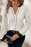 Contrast Notched Long Sleeve Blouse - Trendsi - Flyclothing LLC