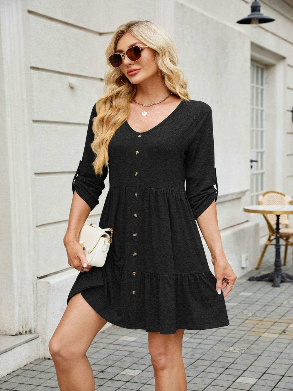 Tiered Ruched V-Neck Mini Dress - Trendsi - Flyclothing LLC