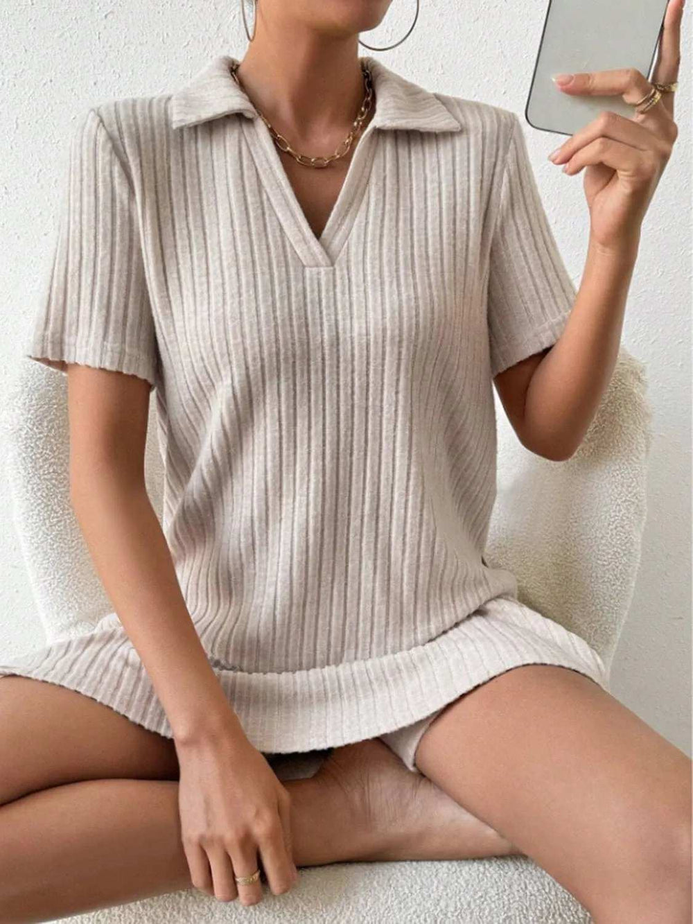 Johnny Collar Short Sleeve Top and Shorts Set - Trendsi - Flyclothing LLC