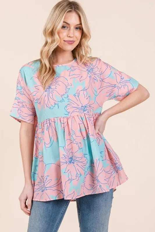BOMBOM Floral Babydoll Tunic Top - Trendsi - Flyclothing LLC