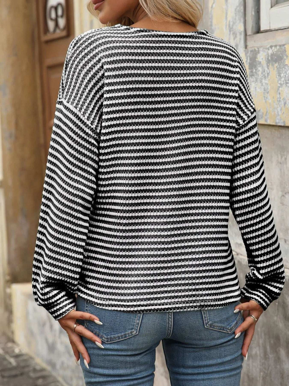 Striped V-Neck Button Front Casual Top - Trendsi - Flyclothing LLC