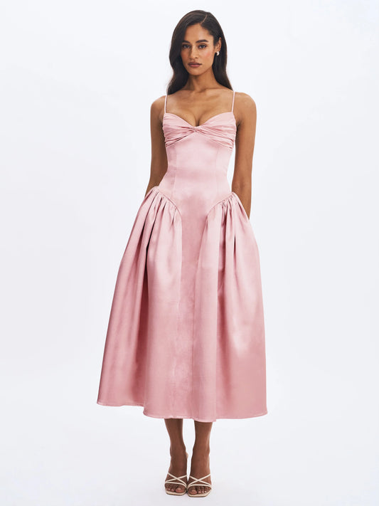 Tullia Dusty Rose Satin Ruched Midi Dress - Miss Circle - Flyclothing LLC