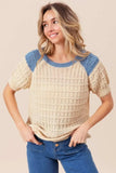 BiBi Textured Contrast Short Sleeve Sweater - Trendsi - Flyclothing LLC