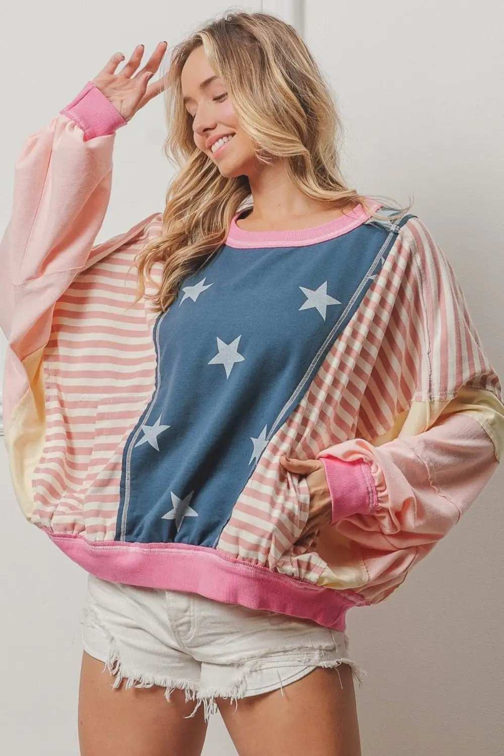 BiBi Stars and Stripes Round Neck Long Sleeve Top - Trendsi - Flyclothing LLC