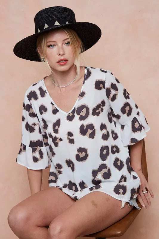 BiBi Leopard Printed V Neck Woven Top with Ruffled - Trendsi - Flyclothing LLC