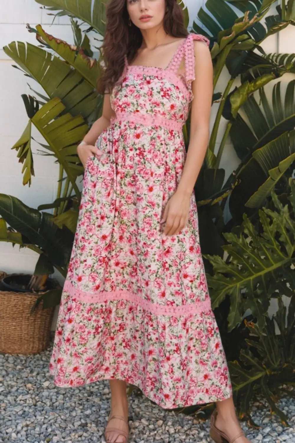 Floral Lace Tied Strap Square Neck Dress with Pockets - Trendsi - Flyclothing LLC