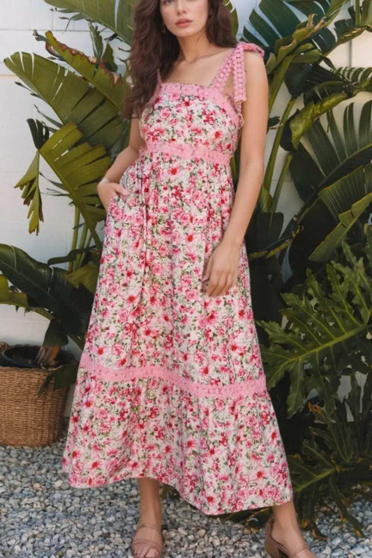 Floral Lace Tied Strap Square Neck Dress with Pockets - Trendsi - Flyclothing LLC