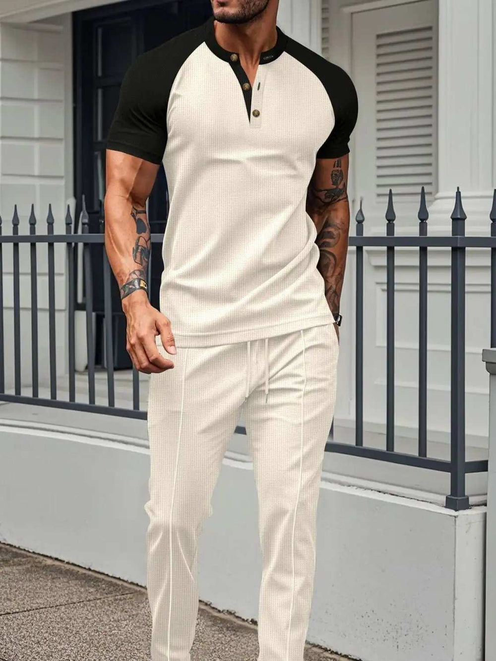 Men's Full Size Waffle-Knit Contrast Top and Drawstring Pants Set Plus Size - Trendsi - Flyclothing LLC