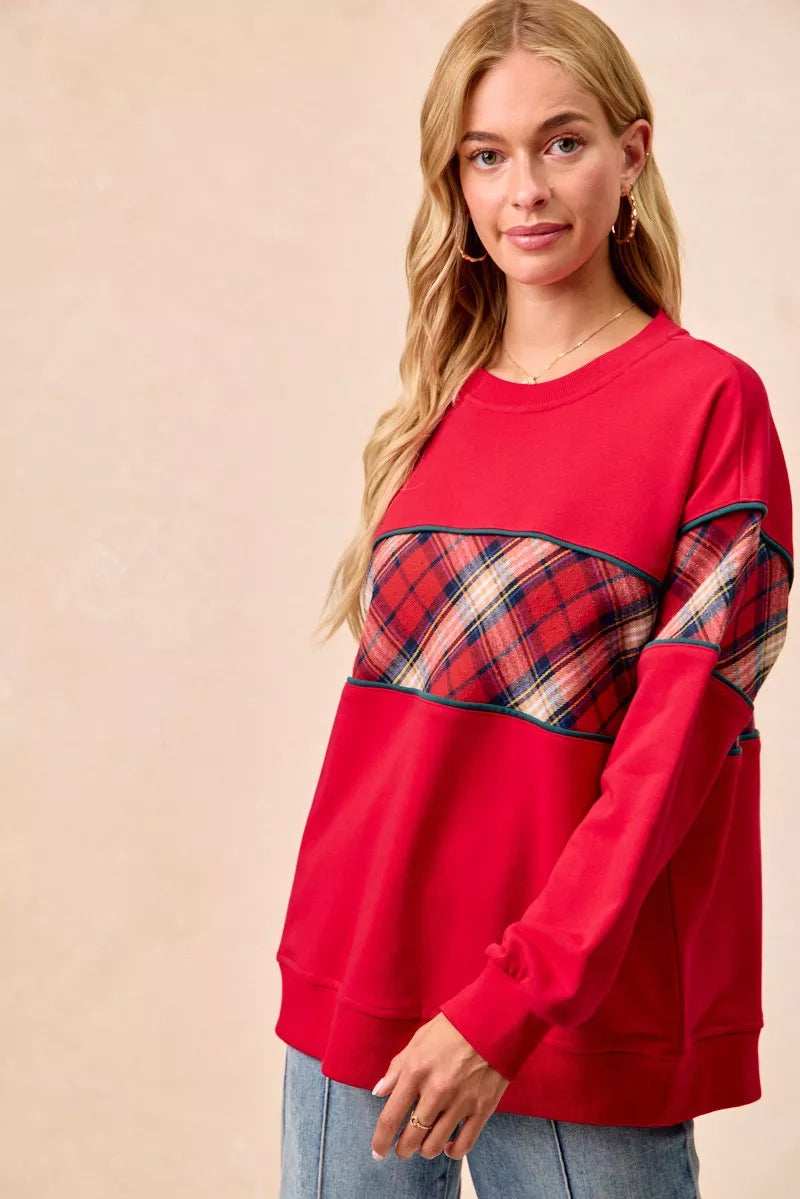 BiBi Christmas Theme Plaid Block Sweatshirt with Binding - Trendsi - Flyclothing LLC