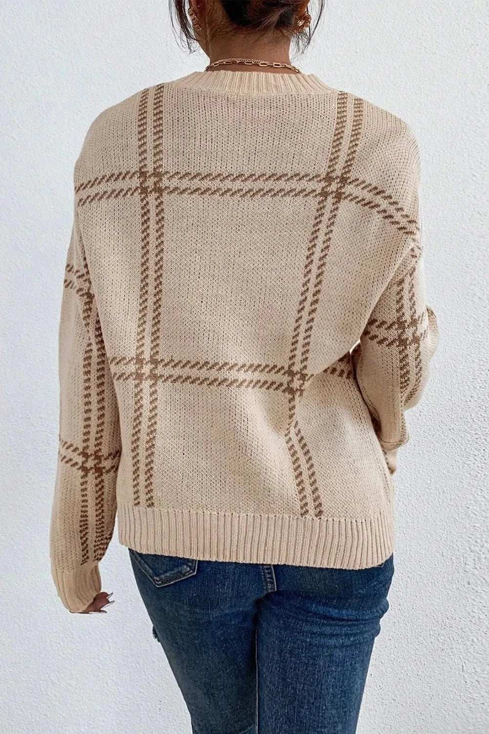 Plaid Round Neck Dropped Shoulder Sweater - Trendsi - Flyclothing LLC