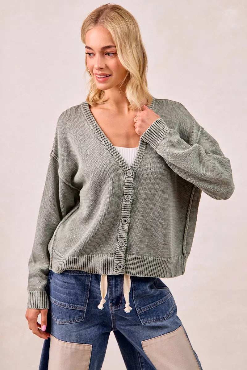 BiBi Washed Sweater V Neck Cardigan - Trendsi - Flyclothing LLC