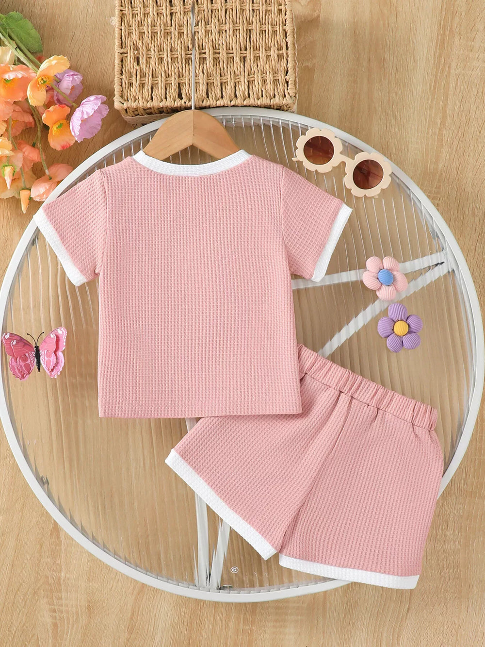 Children's Honey Flower Waffle Knit Tee and Shorts Set - Trendsi - Flyclothing LLC