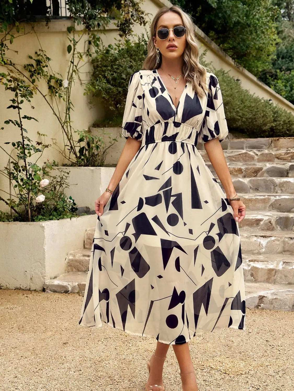 Smocked Printed V-Neck Half Sleeve Midi Dress - Trendsi - Flyclothing LLC