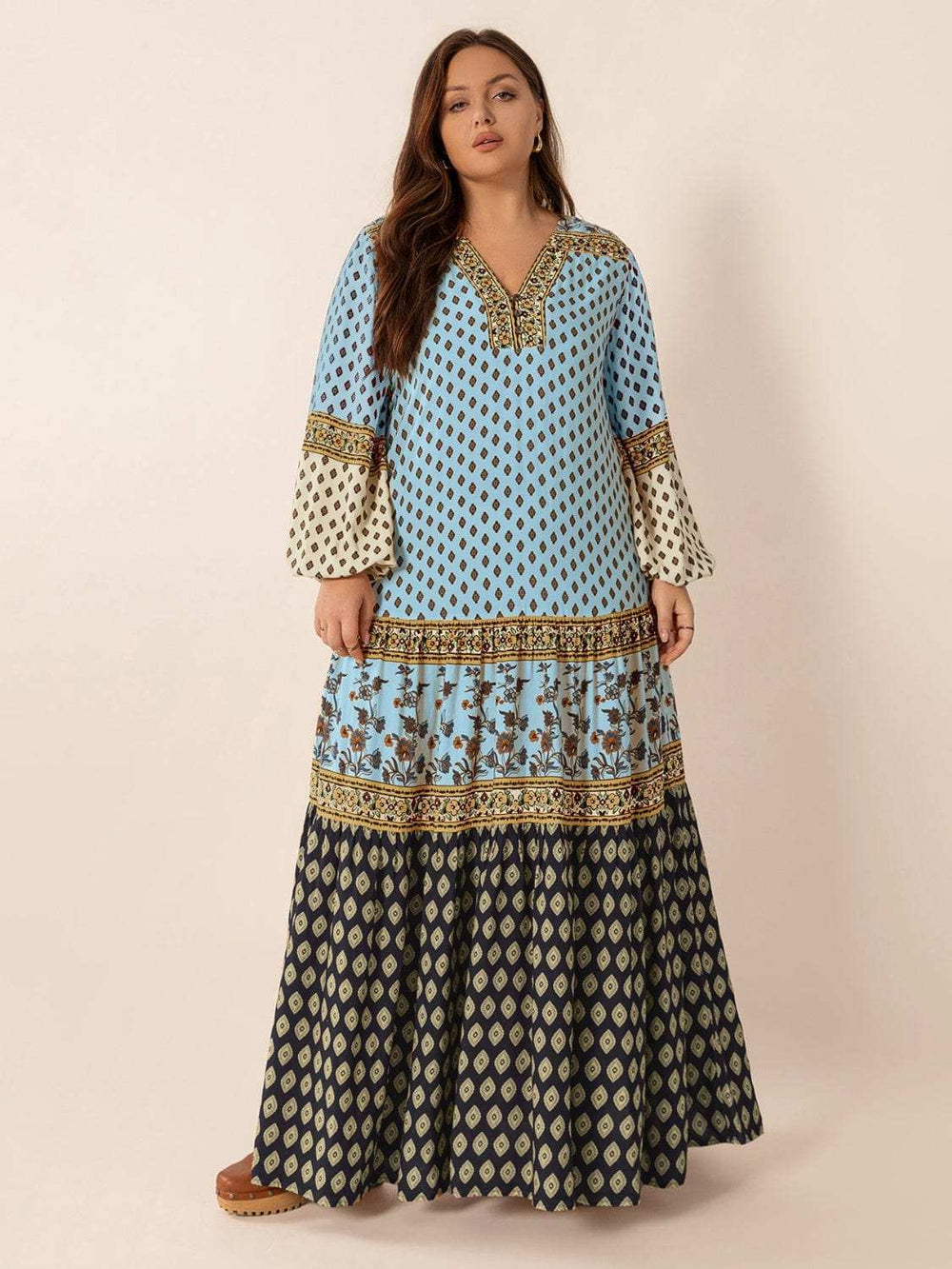 Plus Size Printed V-Neck Balloon Sleeve Maxi Dress - Trendsi - Flyclothing LLC