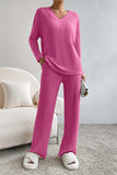 Ribbed V-Neck Top and Pants Set - Trendsi - Flyclothing LLC