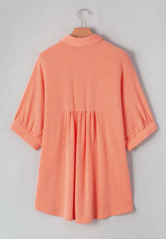 Corded Half Sleeve Button Up High Low Shirt - Trendsi - Flyclothing LLC