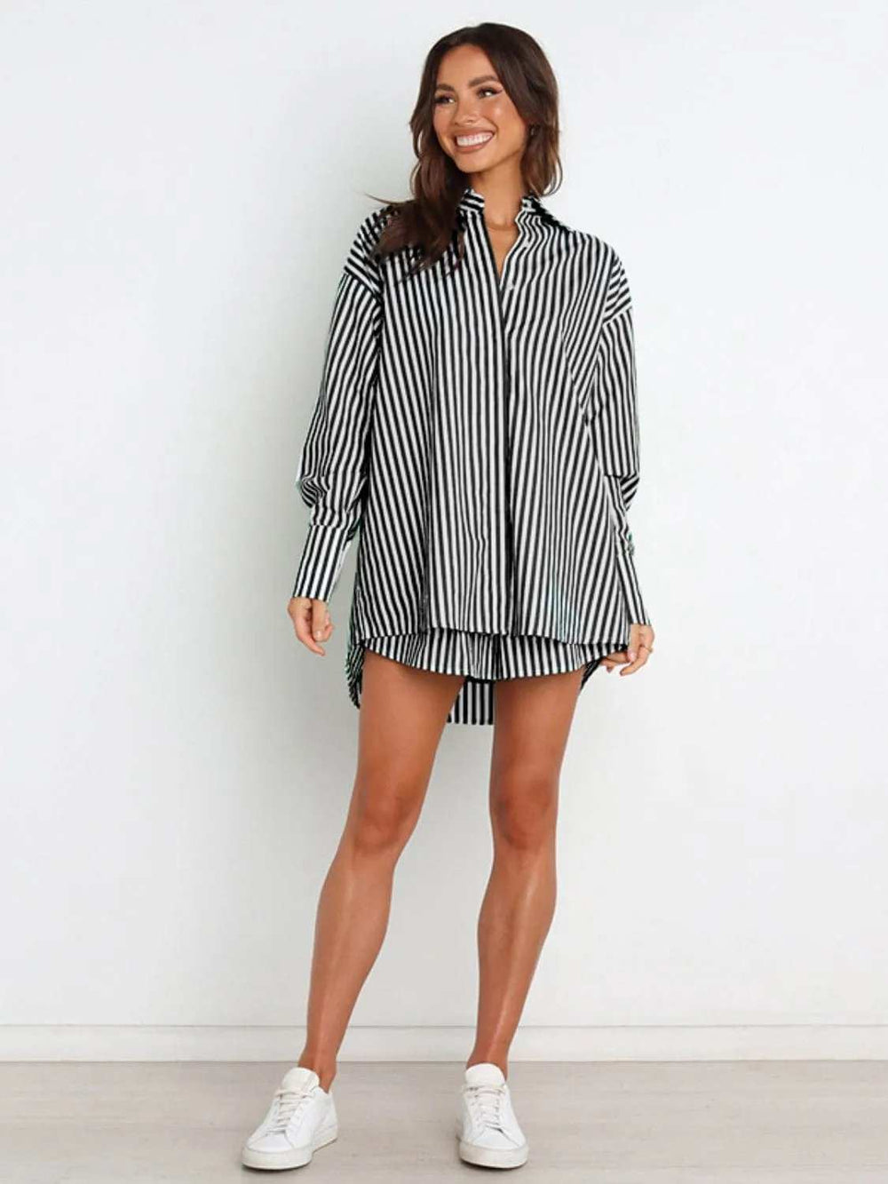 Striped Dropped Shoulder Shirt and Shorts Set - Trendsi - Flyclothing LLC