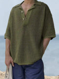 Men's Plus Size Openwork Collared Neck Quarter Button Knit Polo - Trendsi - Flyclothing LLC