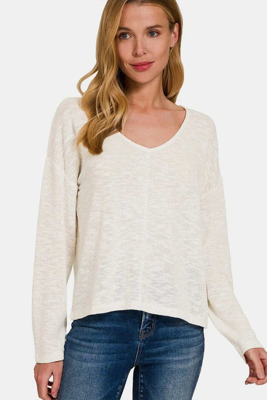 Zenana V-Neck Dropped Shoulder Long Sleeve T-Shirt - Trendsi - Flyclothing LLC