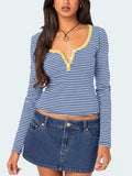 Buttoned Striped Long Sleeve T-Shirt - Trendsi - Flyclothing LLC