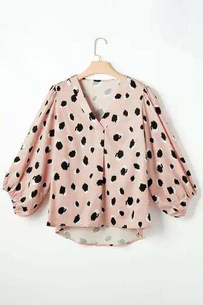 Contrast Animal Print V-Neck Long Sleeve Blouse - Trendsi - Flyclothing LLC